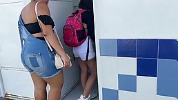 Three Latinas have lesbian fun in the pool shower