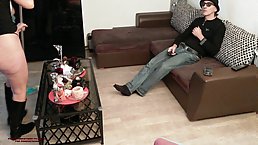 47 y.o. blonde MILF does housework and fucks her stepson