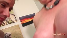 Blonde GILF Claire in stockings fucks young boy