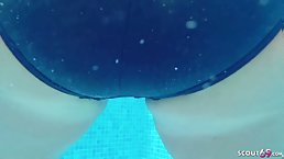 Three busty German MILFs help guy to cum in FFFM by the pool
