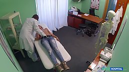 Young blonde squirts of her pussy fingered and fucked by fake doctor