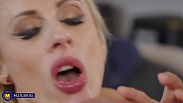 Sexy blonde MILF in stockings gets her ass fucked balls deep