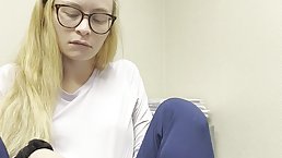 Horny blonde MILF with glasses toying her pussy