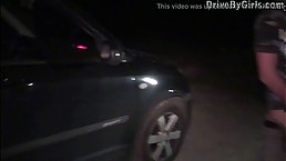 Amateur threesome next to the car turns into foursome