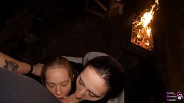 Amateur double blowjob on the backyard