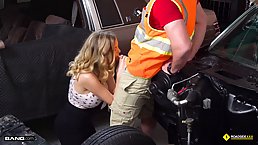 Big ass and boobs blonde MILF gets fucked by car repair man
