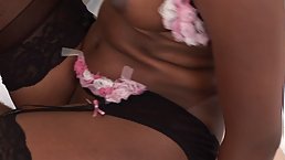 Nice boobs young ebony girl gets a taste of a hard white dick