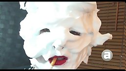 Amateur Sandi with shaving cream and lipstick on her face smoking a cigarette