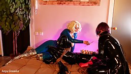 Home lesbian threesome party with latex and food fetish