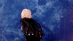Latex rubber catsuit tease by fetish model blonde Arya Grander