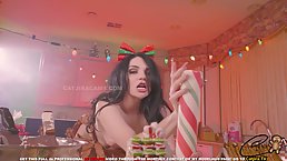 Nice tits brunette girl in highheels fucks a candy cane