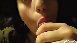 Brunette GF close-up cock sucking and cum swallowing