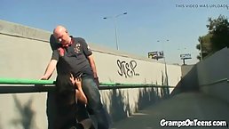 Round ass brunette teen fucks old gramps outdoors