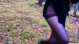 Naughty schoolgirl walks in the woods nude and shows tits