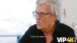 Grey-haired cuckold doesn't disturb his youn busty wife while she fucks with young guy