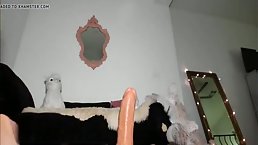 Slender blonde teen anally rides dildo on cam