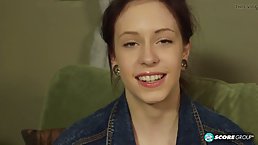 Young brunette girl does Yoga and masturbates at casting