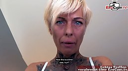 Skinny German tattooed blonde MILF gets fucked hot with cum on her face