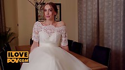 Beautiful brunette bride blwjobs and gets her shaved pussy fucked POV