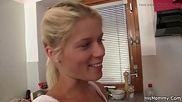 Mature mom and blonde teen GF have lesbian sex in the kitchen