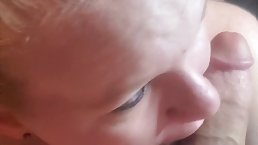 Small redhead MILF sucking husband's dick and swallowing cum