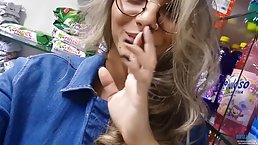Sexy Latina babe with glasses walking naked in the supermarket