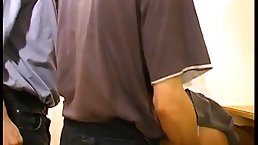 Bashful student girl with glasses gets banged by two teachers