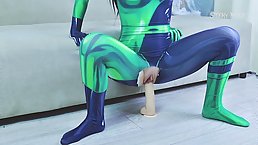 Crazy cosplayer slut Shego rides big dildo until squirt