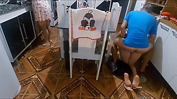 Young guy fucks his big ass stepsis while stepmom washes dishes
