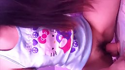 Young Asian girl with glasses rides dildo and cums