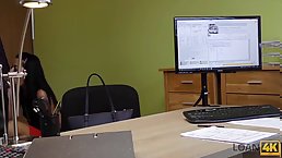 Amateur brunette needs a loan so she gets fucked in the office