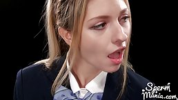 Young blonde babe in school uniform Rebecca Volpetti swallows tons of cum