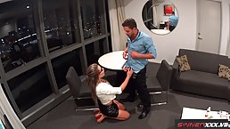 Horny secretary Nina Milano sucks Boss' dick on her knees