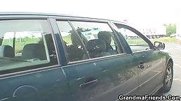 Picked up blonde granny gets double penetration in the fields