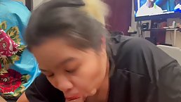 Asian GF sucks dick while her roomie watching a movie (POV)