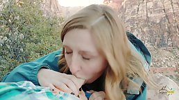 Amateur blonde sucks and rides dick POV on public nature trail