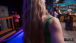 Big boobed blonde MILF Angel Wave sucks and rides on public in the sports bar