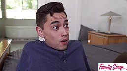 Busty blonde MILF and slender teen enjoy foursome fuck