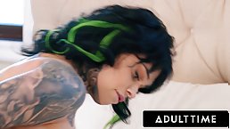 Busty tattooed brunette MILF Xwife Karen toying her pussy