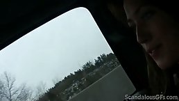 Young brunette girl masturbates in the car