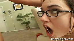 Slender slut with glasses Sasha Grey loves group face fucking