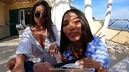 Super hot Latina babes give nice double blowjob (POV)