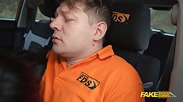 Sexy brunette with shaved pussy gets fucked in the car of a Fake driving school