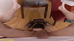 Brunette MILF in black stockings spreads her legs for a young cock