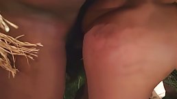 Busty brunette MILF gangbanged with DP by two black aborigines