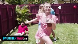 Slutty blondes Macy Meadows and Krissy Knight swap stepdads and squirt on their cocks