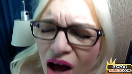 Amateur chubby blonde MILF with glasses gets fucked POV-style
