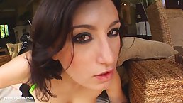 Hot brunette babe with nice boobs Tina gets her mouth full of jizz after gangbang