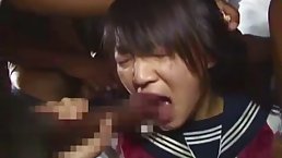 Petite Japanese teen in uniform gangbanged by multiple homeless BBCs