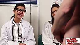 Voyeur brunette nurses instructing tugging guy